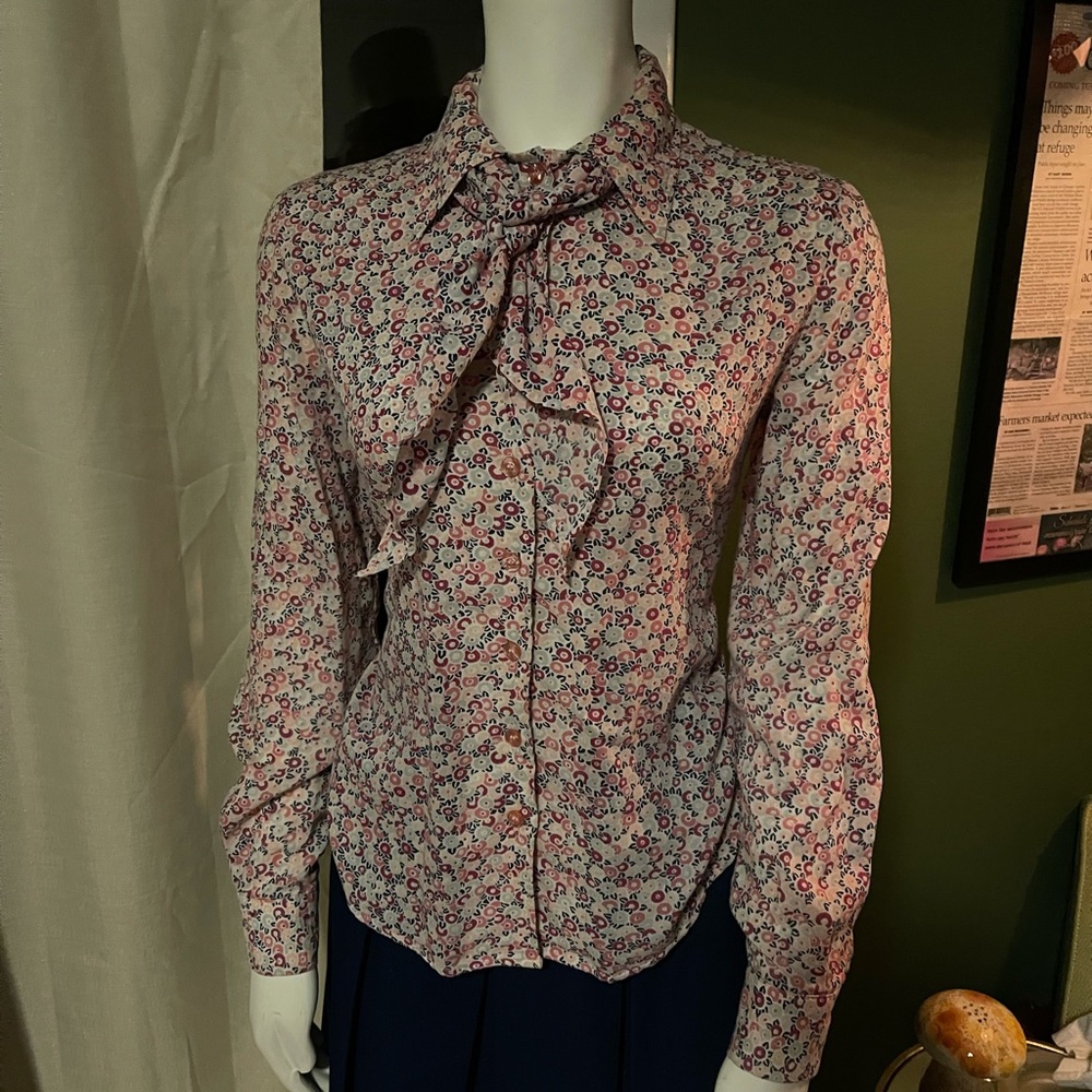 1960s/70s medium floral print button down with a matching head/neck scarf.